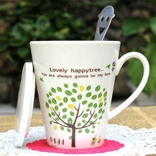 金彭陶瓷杯子带盖带勺咖啡杯情侣杯，送钢勺和杯垫 