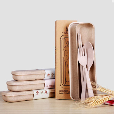 天蓝麦秸秆材料，健康环保，便携餐具三件套